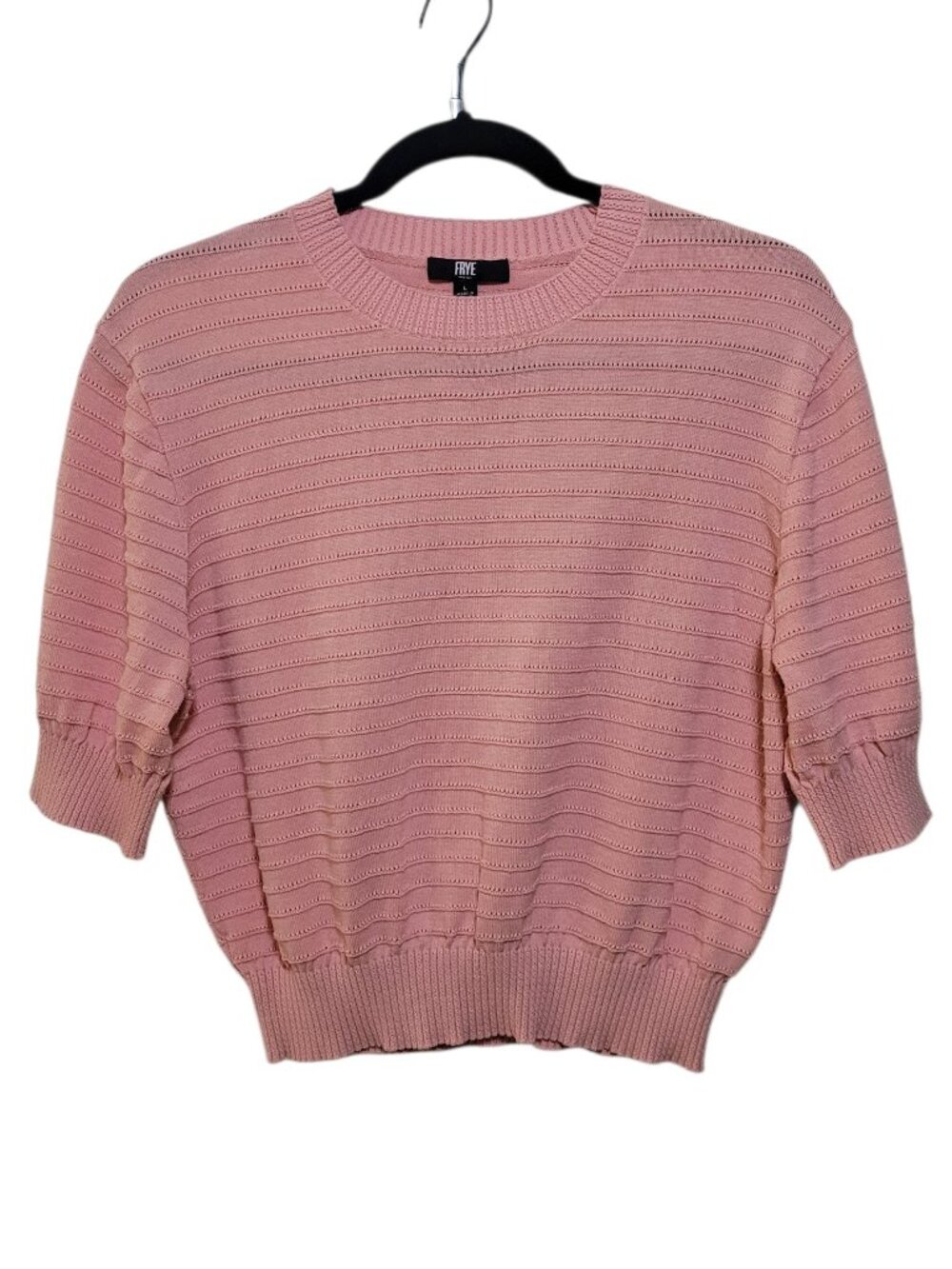 Frye Womens Short Sleeve Knit Sweater Pink Pointelle Crew Neck Cropped Large